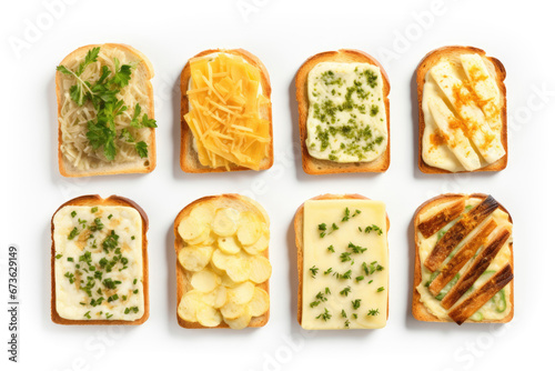 Set of cheese toast canapes isolated on white background