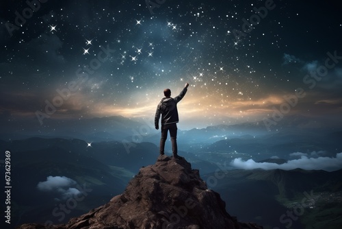 Visualization of a person's silhouette standing on a mountaintop, reaching for the stars of imagination photo