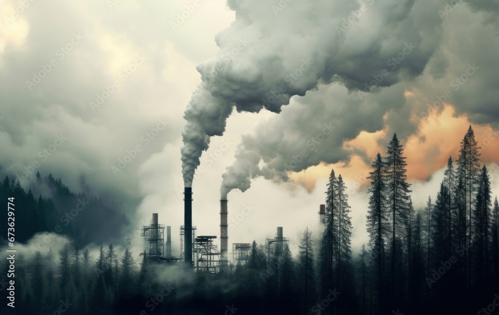 factory smoke covering pine forest double exposure global warming climate change, Generative AI