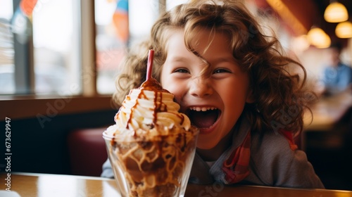 A kid s happy face indulging in a caramel sundae