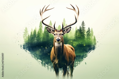 deer and green forest double exposure. Generative AI © Picture Perfect