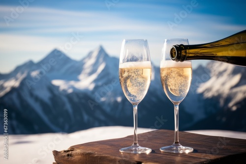 champagne glasses and snowy peaks in background New Year, Generative AI