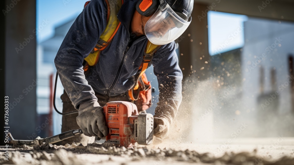 A worker using a jackhammer to break up concrete A worker using a jackhammer to break up concrete