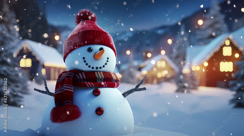 Winter holiday christmas background banner. Cute funny laughing snowman with wool hat and scarf, on snowy snow