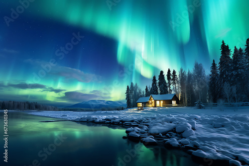 Aurora borealis in nordic landscape, AI generated photo