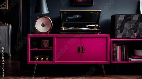 vinyl record player on a black dresser with mules on the floor, in the style of magenta, Voigtlander bessa r2m photo