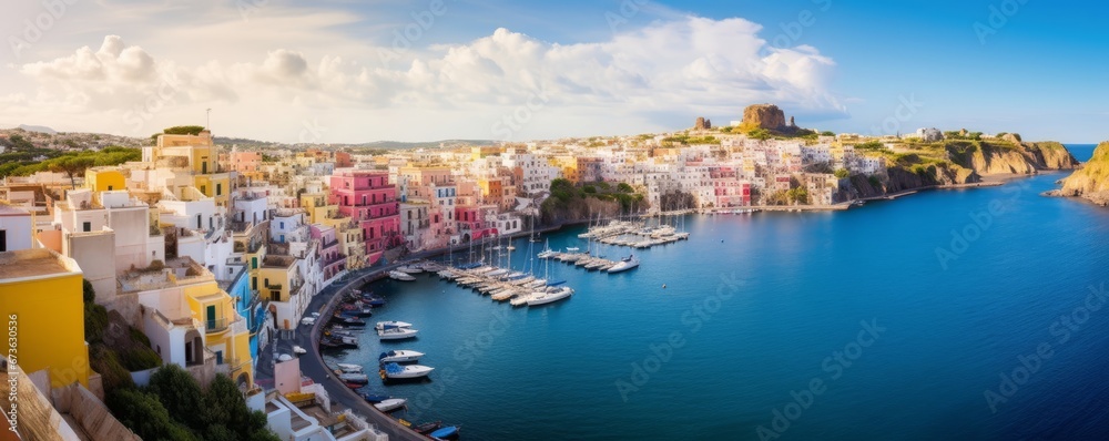 beautiful italian island procida famous for its colorful marina, tiny narrow streets and many beaches, Generative AI - obrazy, fototapety, plakaty 