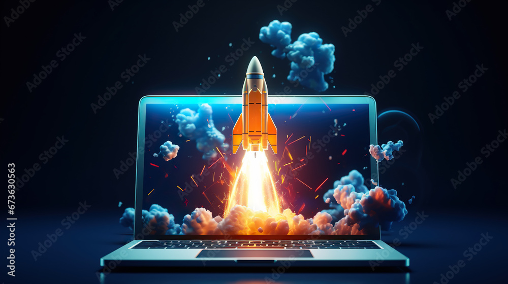 
startup growth Rocket Takes off From the Laptop - obrazy, fototapety, plakaty 