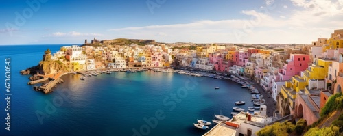 beautiful italian island procida famous for its colorful marina, tiny narrow streets and many beaches, Generative AI photo