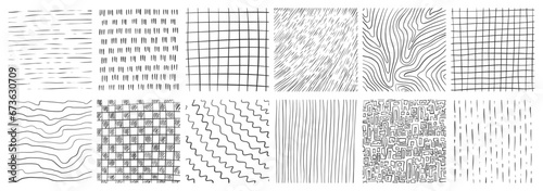 Set of hand drawn texture with different pencil patterns. Crosshatch, rain, wood, wave and lines. Vector illustration on white background