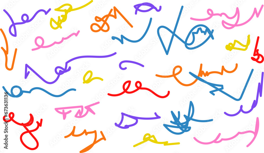 Fun colorful line doodle pattern. Creative art children or childish skribbl design with basic shapes. Vector illustration