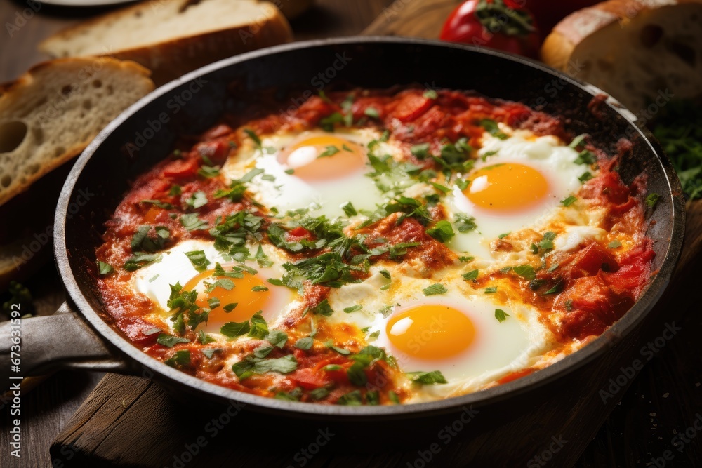 Traditional shakshuka with eggs, tomato and parsley in a iron pan. Israeli food