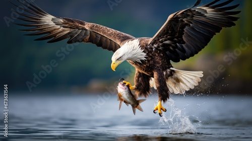 Flying blad eagle above the lake with fish, Haliaeetus leucocephalus