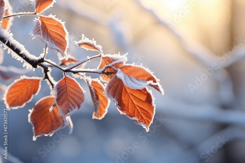 Frosty autumn leaves on branch