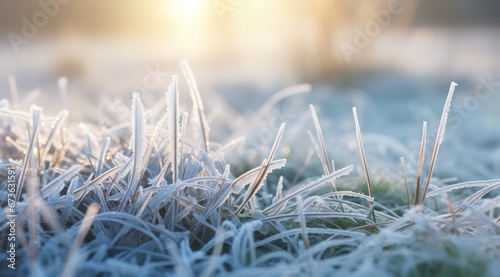 Frozen green grass, grass covered with frost in winter. photo
