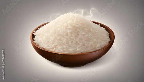 Closeup of Cooked rice with steam in white bowl on brown background