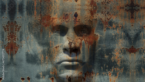 3d rendering of an abstract human face on a rusty metal sheet. The face was sculpted and textured in Cinema 4d