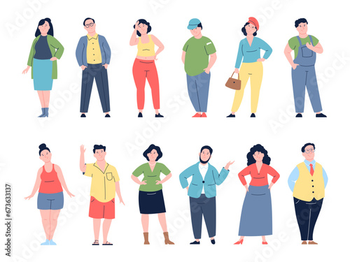 Plus size body positive person wear stylish outfits. Chubby flat characters, joyful curvy women and men. Cartoon obese people recent vector set