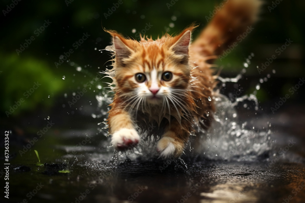 Playful and Rain-Drenched Little Red Kitten Frolicking Through Puddles After the Rain, Focused Gaze in Every Leap