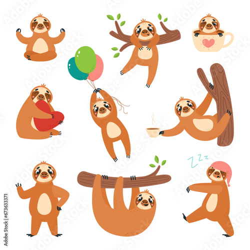 Isolated cartoon funny sloth characters. Asleep, hanging and meditation sloths. Wild animal baby mascots, cute classy lazy animals vector clipart