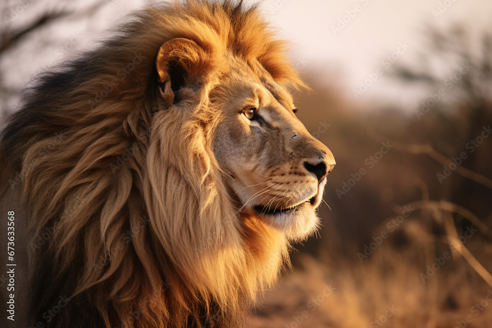 Profile Portrait of a Regal Lion's Majestic Head in Close-Up, Gazing Into the Distance