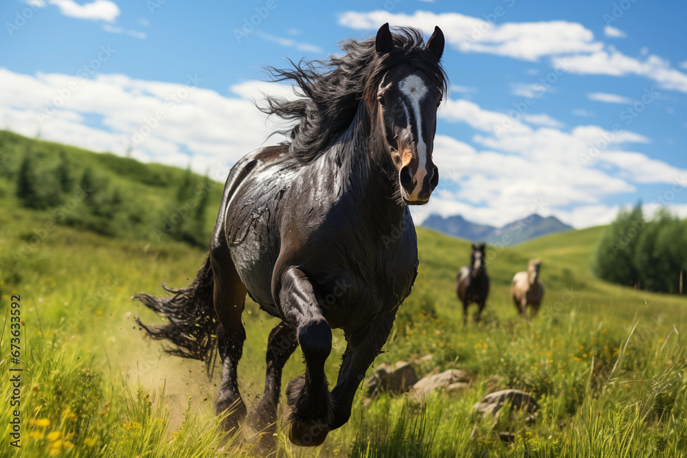 Majestic Black Stallion, Horse Galloping Across a Lush Meadow Against the Backdrop of a Blue Sky and Majestic Mountains