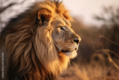 Profile Portrait of a Regal Lion's Majestic Head in Close-Up, Gazing Into the Distance