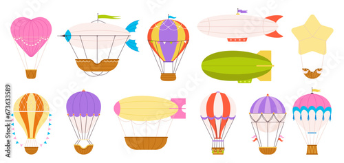 Cartoon air balloons. Sky flying air balloons various style. Flat adventures and travel retro transport, vintage transportation racy vector elements