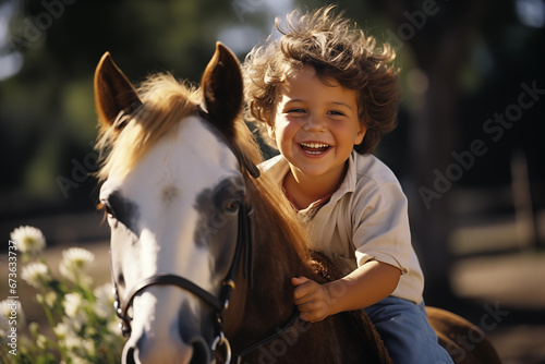 Young and Joyful Boy, Sporting a Radiant Smile, Astride a Pony on a Sunny Summer Day © NadinMich