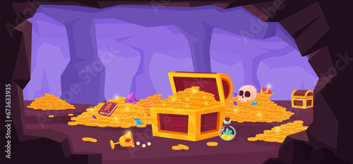 Cartoon treasure cave illustration. Golden coin piles, cup and wooden chest with money. Gemstones and jewelry, pirate treasures nowaday vector scene