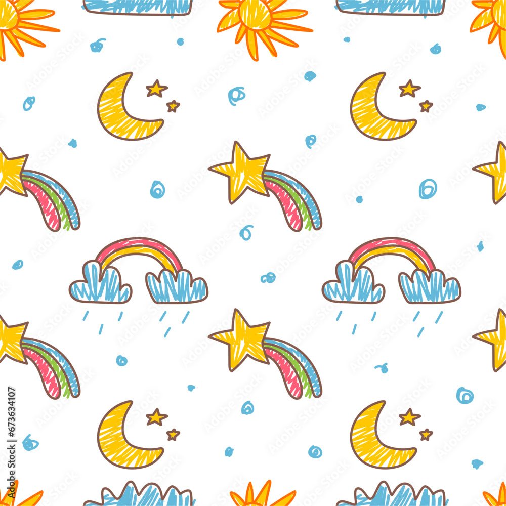 Fototapeta premium Weather childish seamless pattern. Color pencils drawing sun, rainbow and clouds. Children style fabric print, wallpaper design. Classy kids vector background