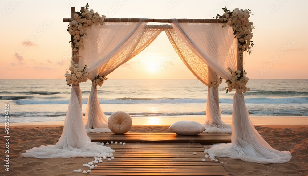 beach wedding stage at sunset, with a bamboo structure - obrazy, fototapety, plakaty 