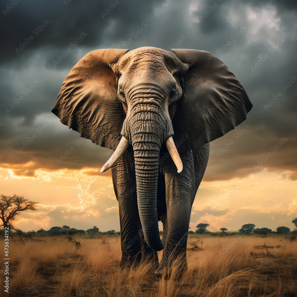 majestic elephant in the plain at sunset with clouds, AI generated