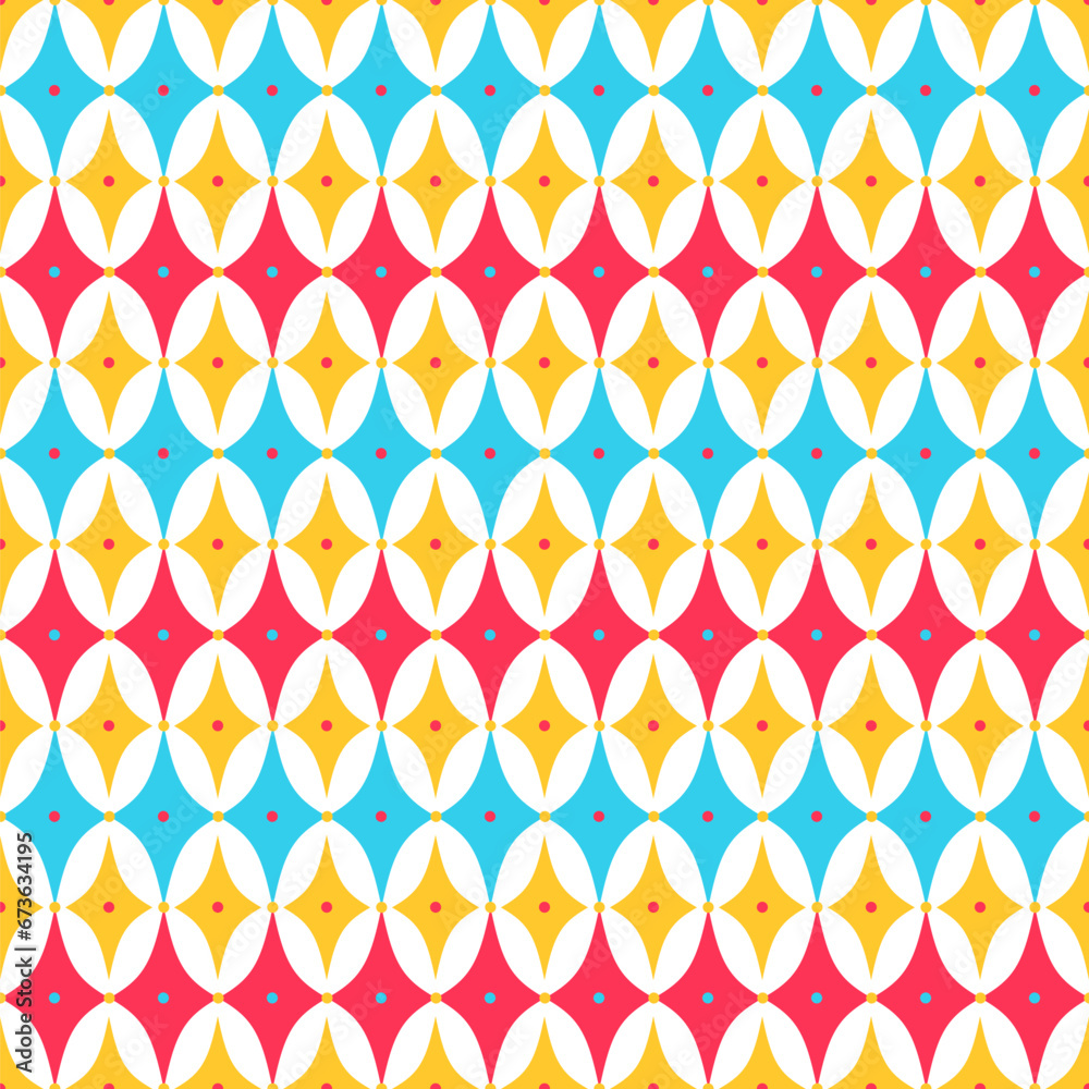 Christmas vector seamless check pattern with gold dots. Elegant background of carnival clown and joker diamonds ornament. Blue, red, yellow color.  Fabric texture print - obrazy, fototapety, plakaty 