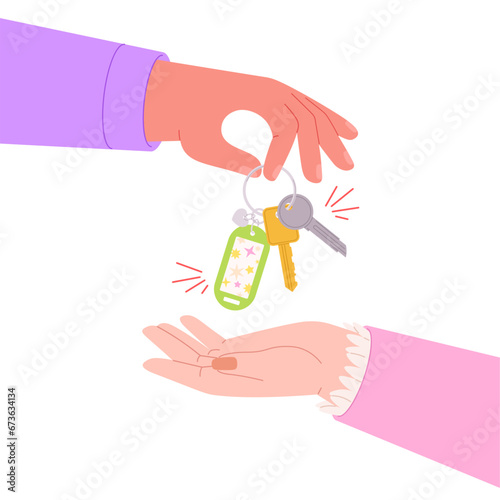 Hand gives key. Property buy or rental concept. New car buying, client and manager. Person picks up house keys, flat vector racy purchase scene