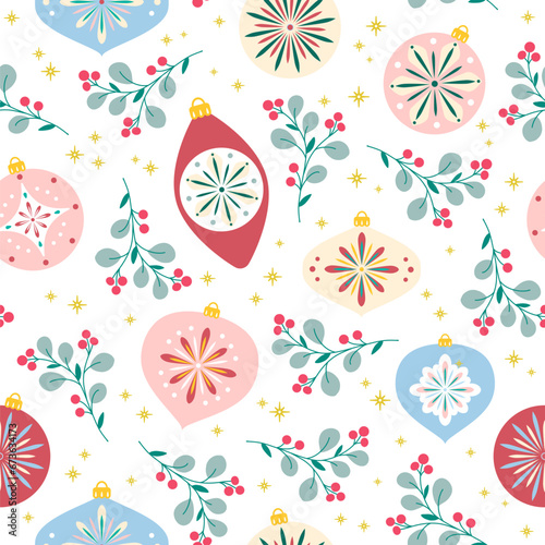 Christmas folk art ornament. Vector seamless pattern with branches tree and christmas balls. Scandinavian collection. Winter background. Fabric textile print