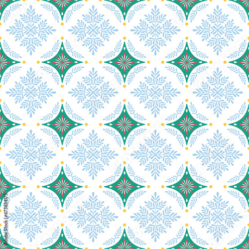 Christmas folk art ornament. Vector seamless abstract tile pattern with snowflakes. Winter background. Fabric textile print