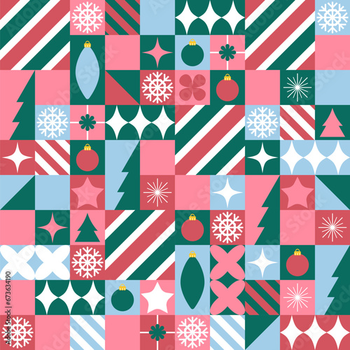 Festive vector seamless pattern with winter holiday symbols. Geometric background with flat tile icon ornament. Merry Christmas and New Year designs template. Fabric texture print