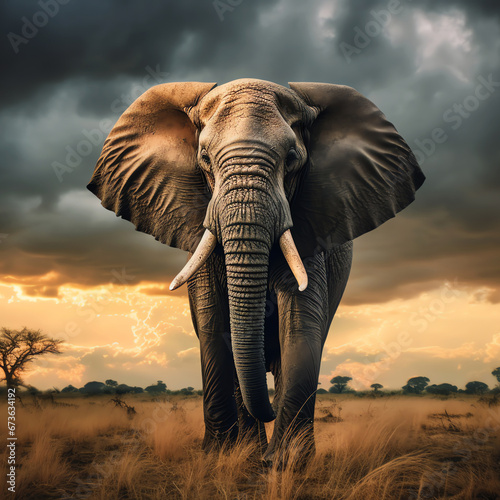 majestic elephant in the plain at sunset with clouds, AI generated © Frédéric Prochasson