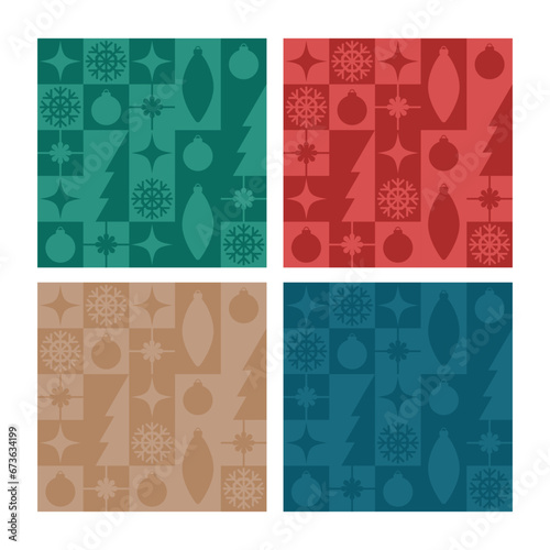 Set of vector seamless backgrounds with winter holiday symbols. Geometric pattern with flat tile icon  ornament. Merry Christmas and New Year designs template. Fabric texture print