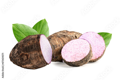 Taro root and slice with leaf isolated on white background.