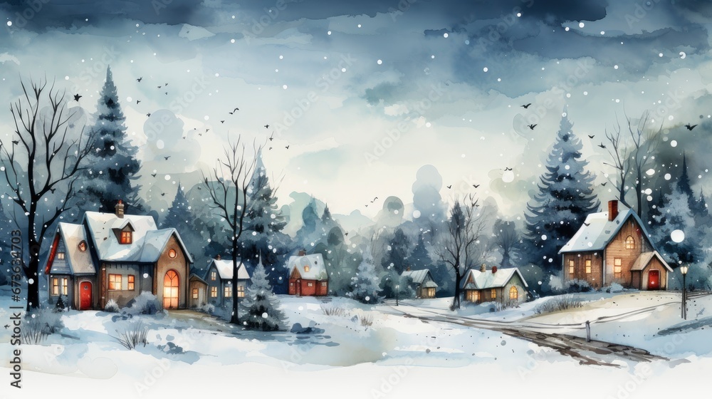 Hand Drawn Flat Christmas Village Illustration, Merry Christmas Background ,Hd Background