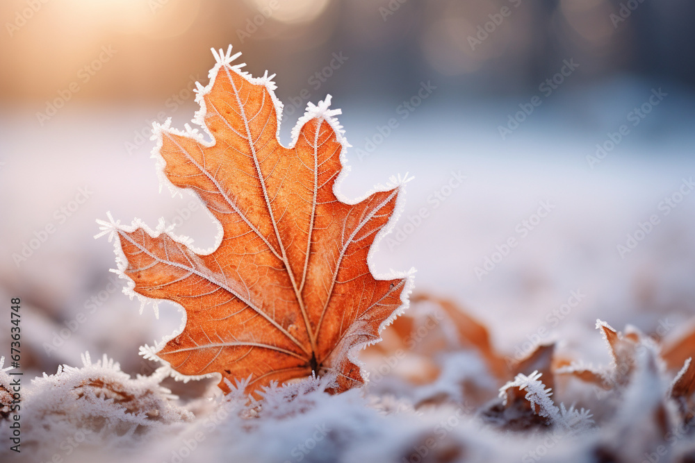 Frosty macro stock photography autumn leaves on a winter morning snow ground. Generative AI Frosty macro stock photography autumn leaves on a winter morning snow ground. Generative AI