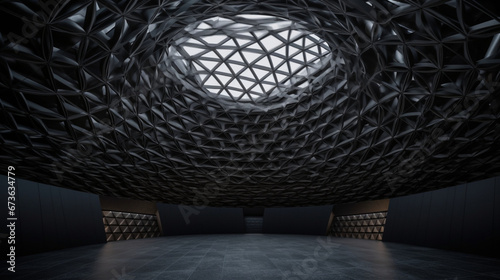 a black ceiling has a structure of metal grids, in the style rendered in cinema4d, Western Zhou Dynasty, geodesic structures