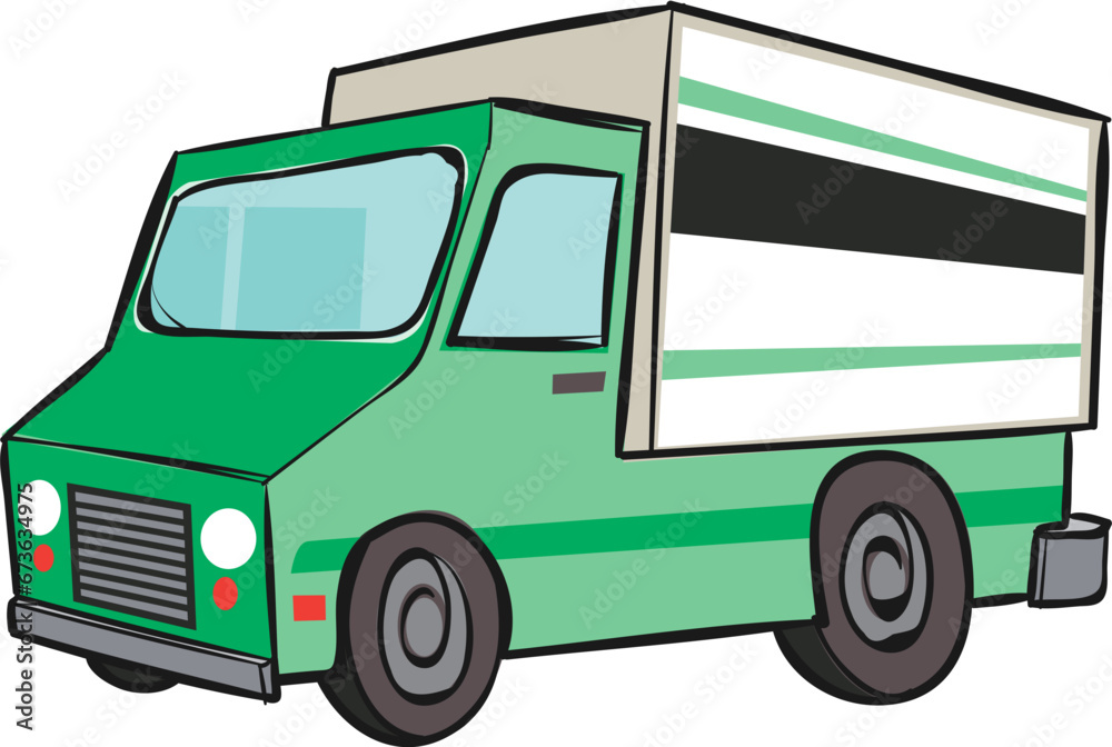 green truck isolated on white, vehicle hand drawn illustration