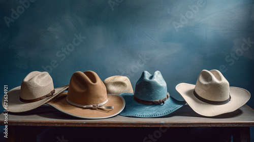 a selection of cowboy hats on a blue background © Usman
