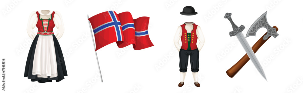 Norway Country Native Object and Symbol with Dress, Flag and Weapon Vector Set Norway Country Native Object and Symbol with Dress, Flag and Weapon Vector Set