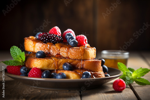French toast with berries, honey on a wooden background