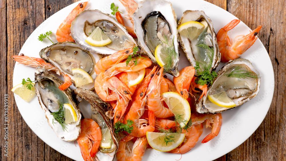 assorted of seafood platter- top view assorted of seafood platter- top view