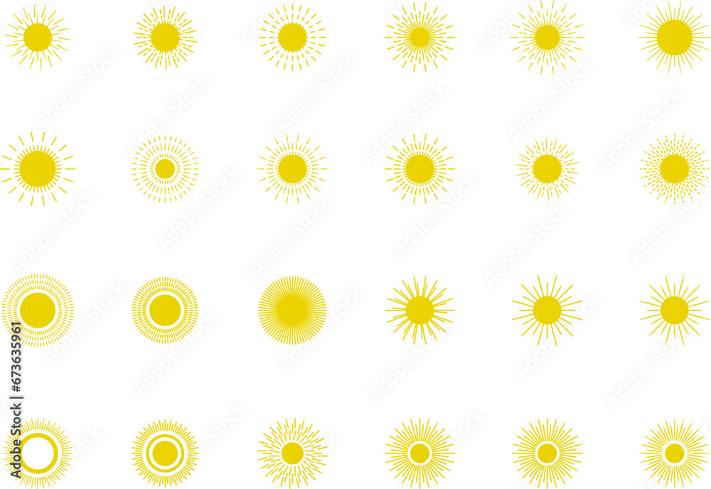 Sun icon set. Yellow sun star icons or logo collection. Summer, sunlight, sunset, sunburst. Vector illustration. Sun icon set. Yellow sun star icons or logo collection. Summer, sunlight, sunset, sunburst. Vector illustration.